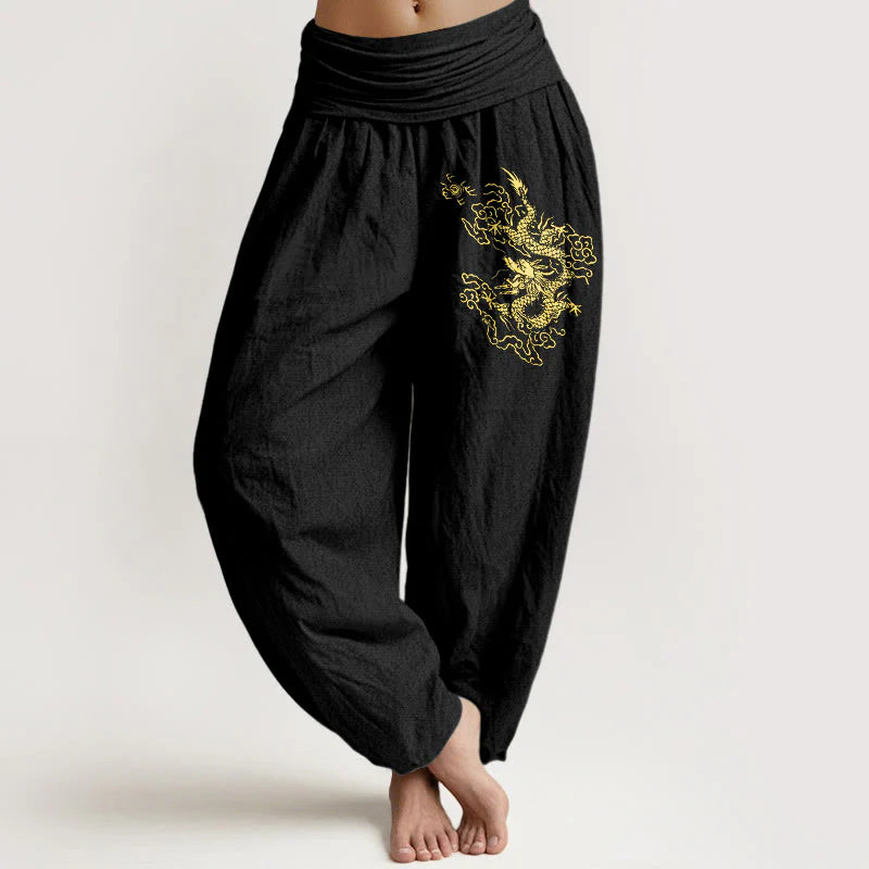 Buddha Stones Golden Dragon Print Pattern Women's Elastic Waist Harem Cotton Pants