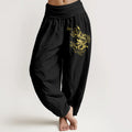 Buddha Stones Golden Dragon Print Pattern Women's Elastic Waist Harem Cotton Pants