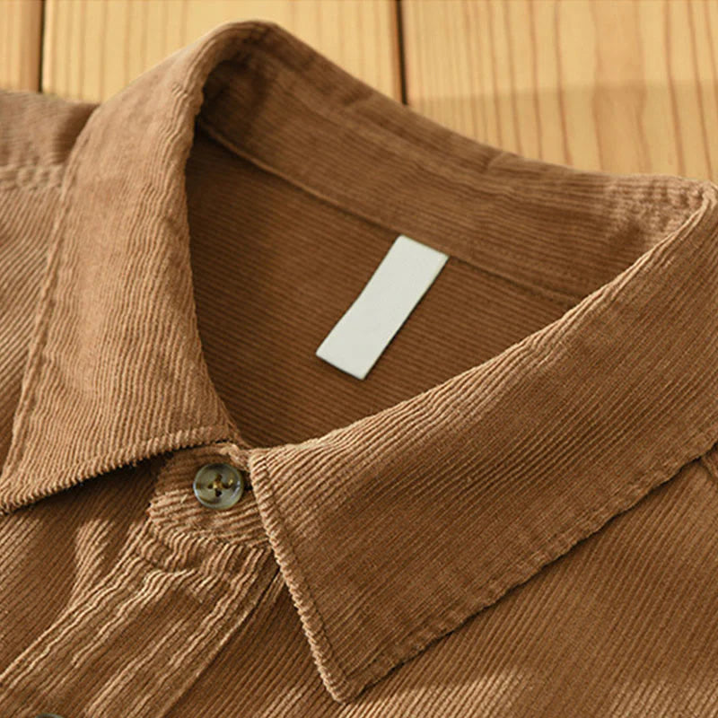 Buddha Stones Fall Decorative Pocket Buttons Down Stand Collar Long Sleeve Men's Cotton Corduroy Shirt