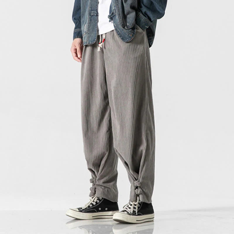 Buddha Stones Fall Winter Men's Pure Color Button Design Cotton Straight Leg Pants With Pockets