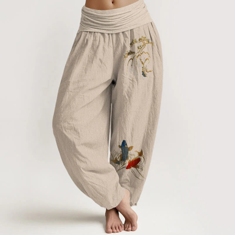 Buddha Stones Pure Cotton Pine Tree Koi Fish Pattern Women's Elastic Waist Harem Pants