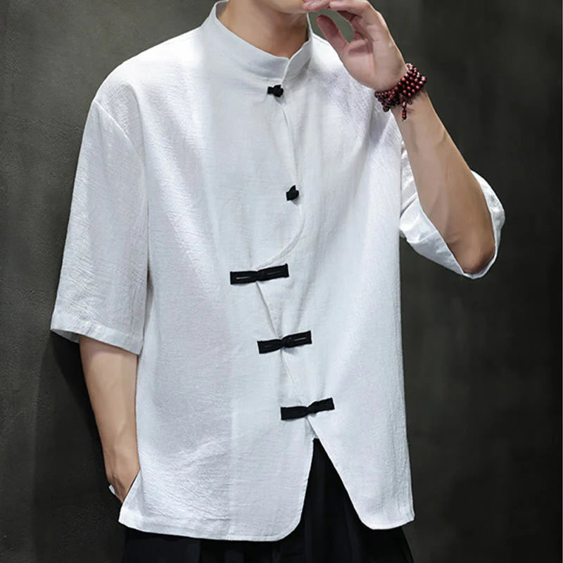 Buddha Stones Plain Chinese Frog-Button Stand Collar Cotton Linen Men's Half Sleeve Shirt