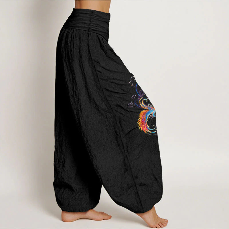 Buddha Stones Pure Cotton Gorgeous Phoenix Pattern Women's Elastic Waist Harem Pants