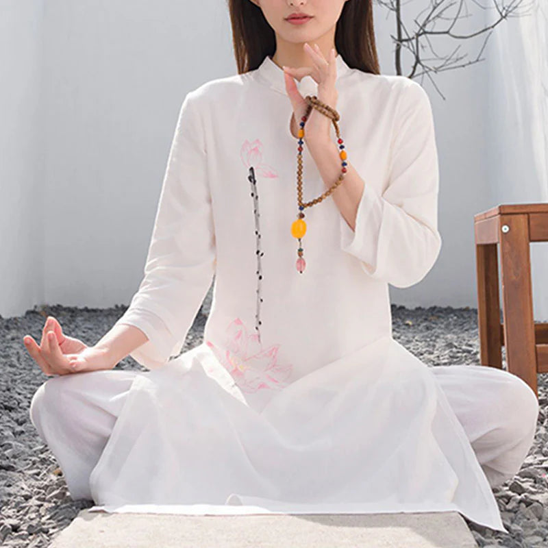 Buddha Stones 2Pcs Lotus Pattern Tai Chi Meditation Yoga Cotton Linen Clothing Top Pants Women's Set  (Extra 30% Off | USE CODE: FS30)
