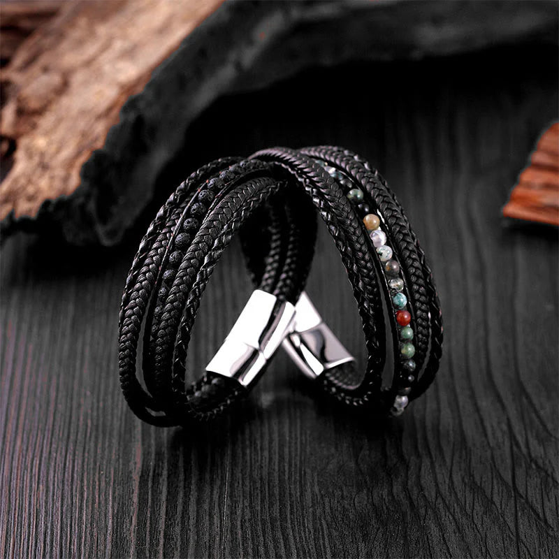 Buddha Stones Hematite Indian Agate Tiger Eye Amazonite Beaded Leather Strengthen Bracelet