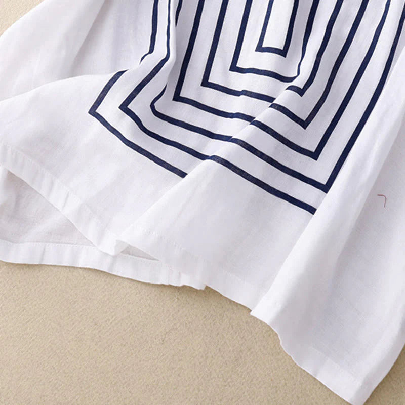 Buddha Stones Casual Line Printing Pattern Short Sleeve Cotton Linen Women's T-Shirt