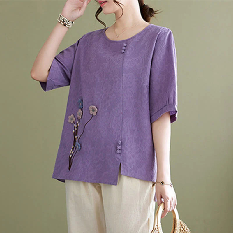 Buddha Stones Three-dimensional Flowers Design Crew Neck Short Sleeve Cotton Women's Shirt