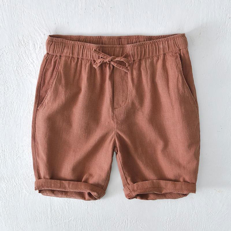 Buddha Stones Summer Solid Color Drawstring Elastic Waist Men's Cotton Linen Shorts With Pockets