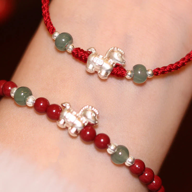 Buddha Stones Year of the Horse Cinnabar Jade Red String Blessing Bracelet