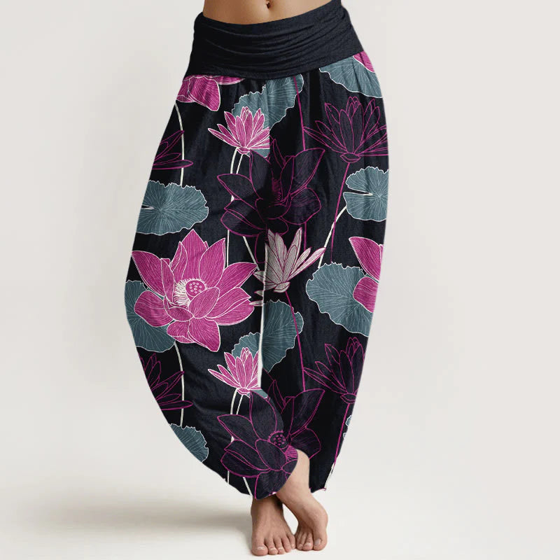 Buddha Stones Pure Cotton Retro Lotus Flowers Leaves Pattern Women's Elastic Waist Harem Pants