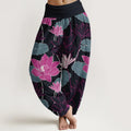 Buddha Stones Pure Cotton Retro Lotus Flowers Leaves Pattern Women's Elastic Waist Harem Pants