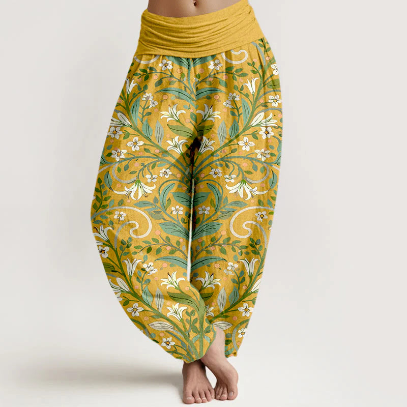 Buddha Stones Pure Cotton Elegant Lily Petal Leaf Pattern Women's Elastic Waist Harem Pants