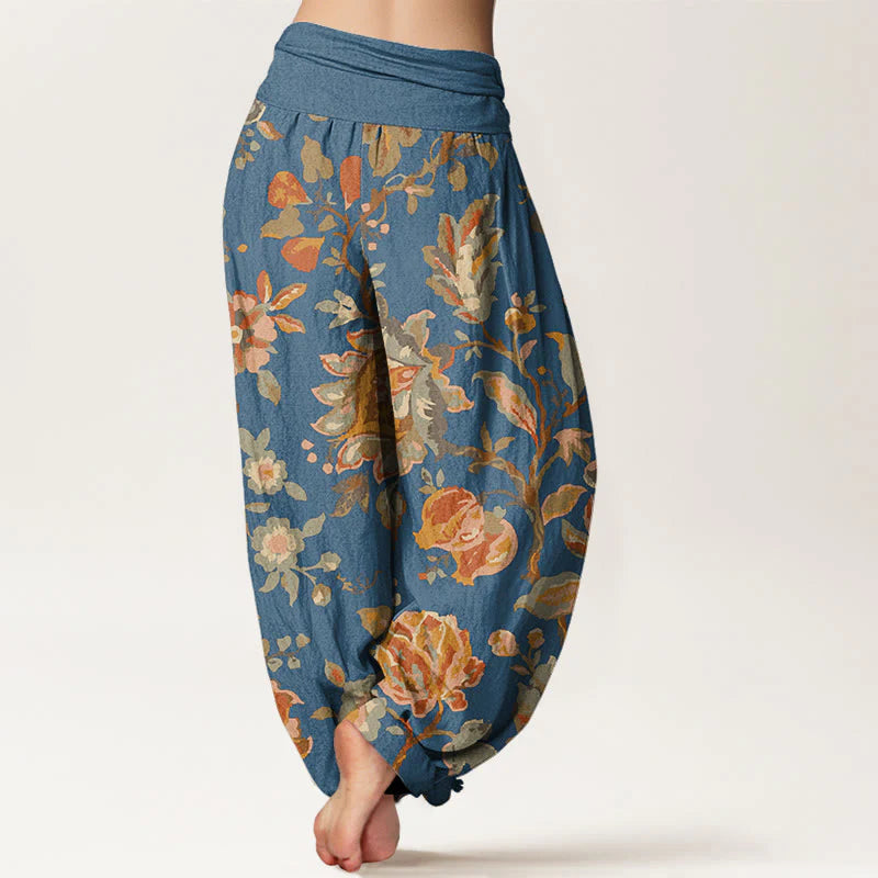 Buddha Stones Cotton Casual Blooming Flowers Buds Design Women's Elastic Waist Harem Pants