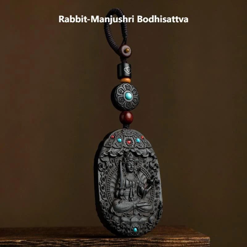 Buddha Stones Chinese Zodiac Natal Buddha Year of the Horse Om Mani Padme Hum Lotus Ebony Blessing Key Chain