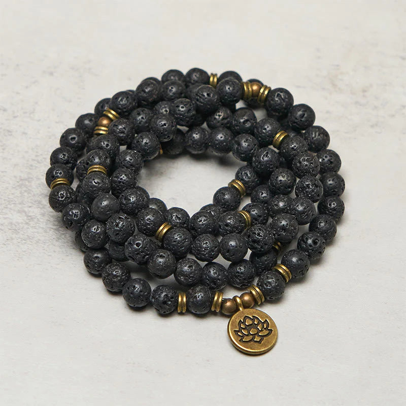 Buddha Stones Retro Lotus Symbol Charm Lava Rock Bead Healing New Beginning Mala