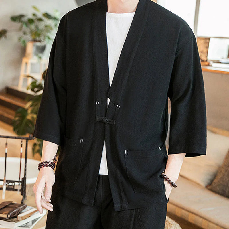 Buddha Stones Plain Chinese Frog-Button Jacket Cotton Linen Men's Three Quarter Sleeve Kimono