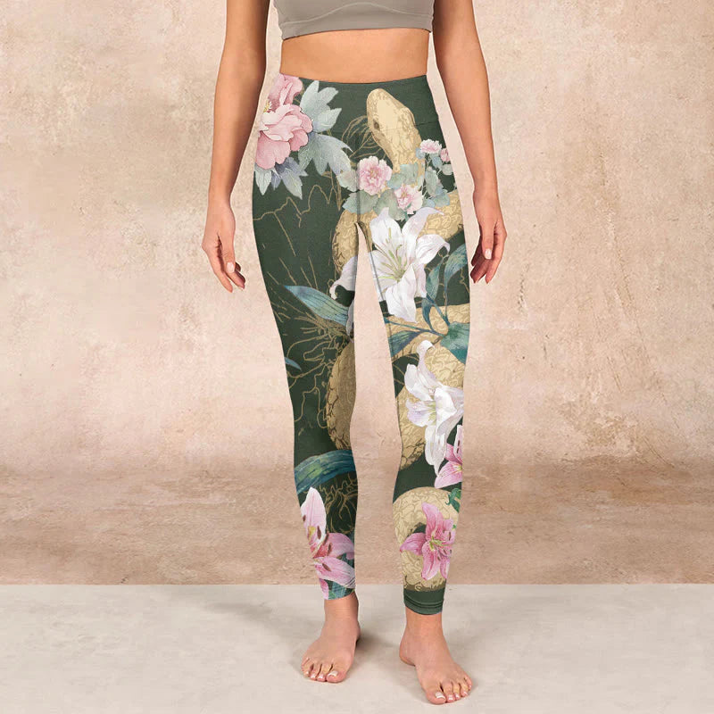 Buddha Stones Green Golden Snake Lily Peony Flowers Print Gym Leggings Women's Yoga Pants