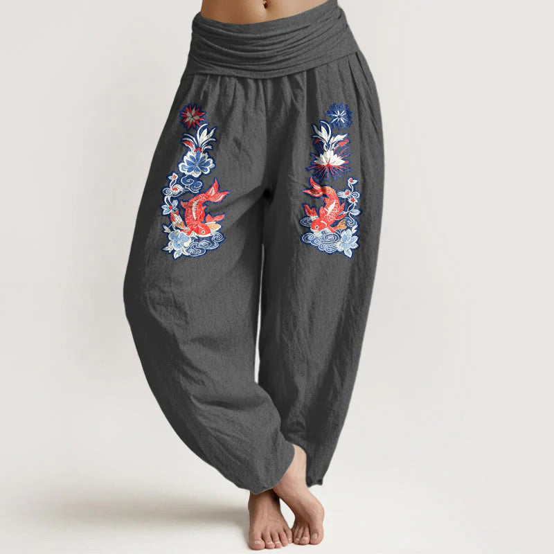 Buddha Stones Pure Cotton Striking Koi Fish Flower Pattern Women's Elastic Waist Harem Pants