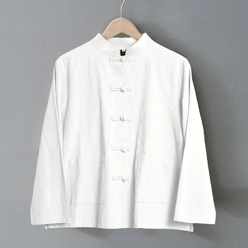 Buddha Stones Ethnic Frog-Button Long Sleeve Stand Collar Women's Cotton Shirt With Pockets