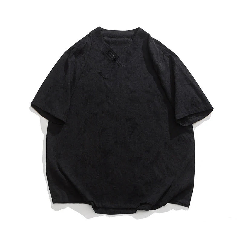 Buddha Stones Ethnic Distressed Jacquard Frog-Button Men's Stand Collar Half Sleeve Cotton Linen Shirt Tai Chi Clothes