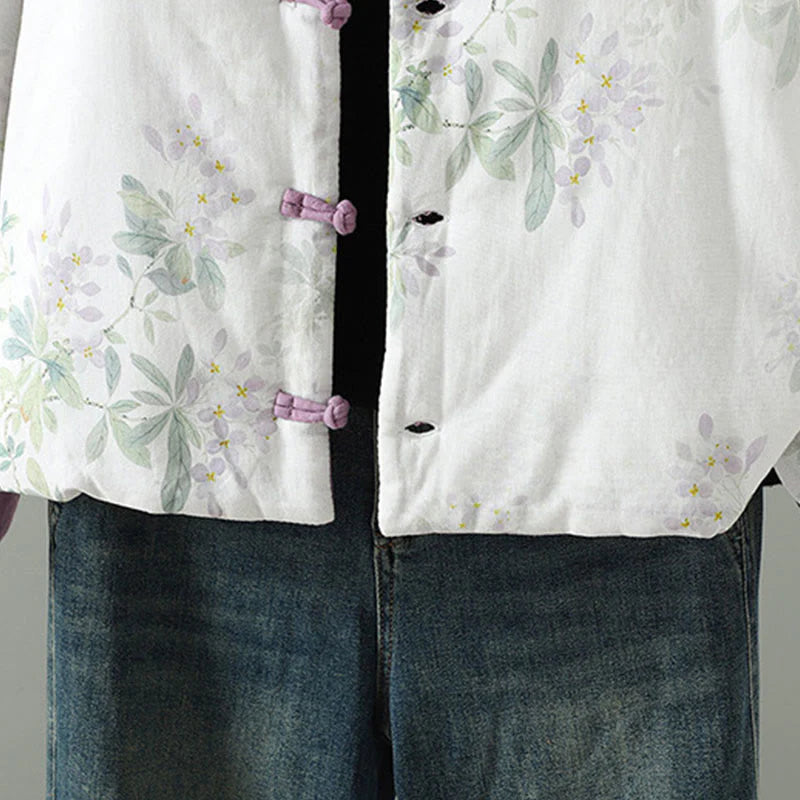 Buddha Stones Women's Printing Flower Pattern Long Sleeve Frog-buttons Cotton Jacket