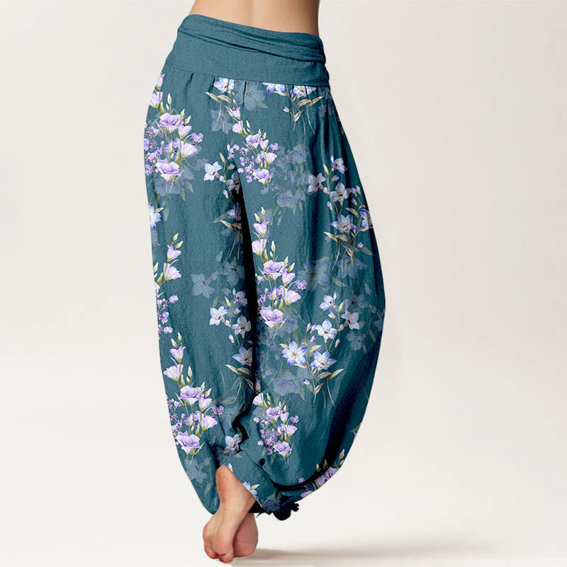 Buddha Stones Cotton Star Shaped Trumpet Shaped Flowers Pattern Women's Elastic Waist Harem Pants