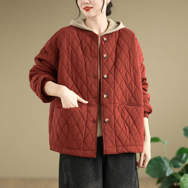 Buddha Stones Diamond Grid Pattern Women's Long Sleeve Cotton Thickened Jacket With Pockets