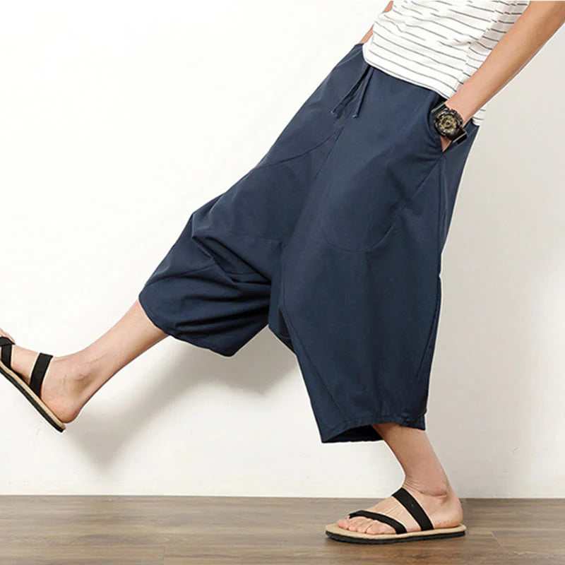 Buddha Stones Spring Plain Simple Patchwork Design Drawstring Cotton Linen Men's 7-8 Length Wide Leg Pants With Pockets
