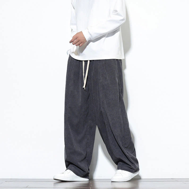 Buddha Stones Plain Drawstring Pure Cotton Corduroy Men's Harem Pants With Pockets