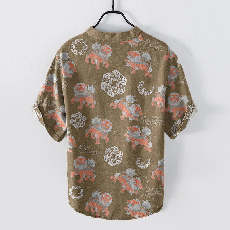 Buddha Stones Cotton Lion Waves Cloud Men's Short Sleeve Shirt Lightweight Resort Boxy Fit