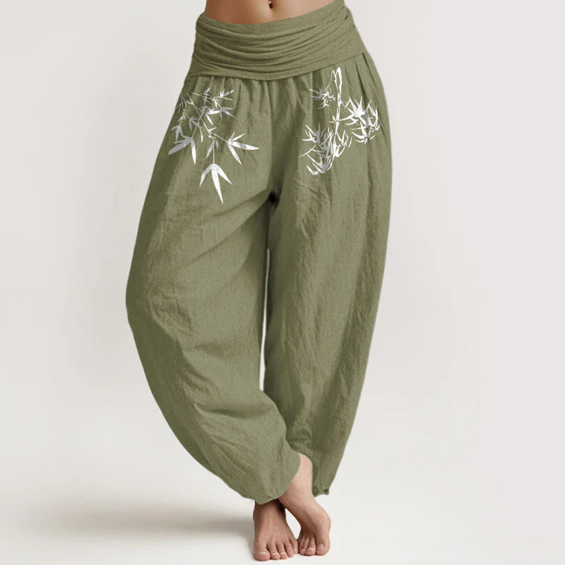 Buddha Stones Pure Cotton Minimalist Style Bamboo Leaf Pattern Women's Elastic Waist Harem Pants