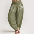 Buddha Stones Pure Cotton Minimalist Style Bamboo Leaf Pattern Women's Elastic Waist Harem Pants