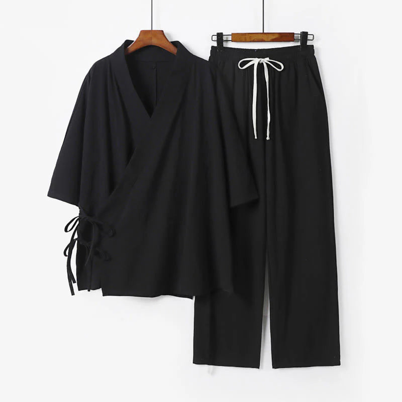Buddha Stones 2Pcs Fall Lace-up Three Quarter Sleeve Cotton Kimono Drawstring Pants With Pockets Men's Meditation Cloth Set