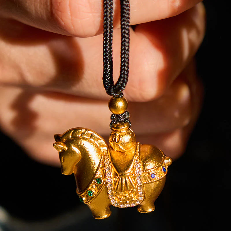 Buddha Stones Year Of The Horse 24k Gold Plated Brass Rope Cord Necklace Pendant