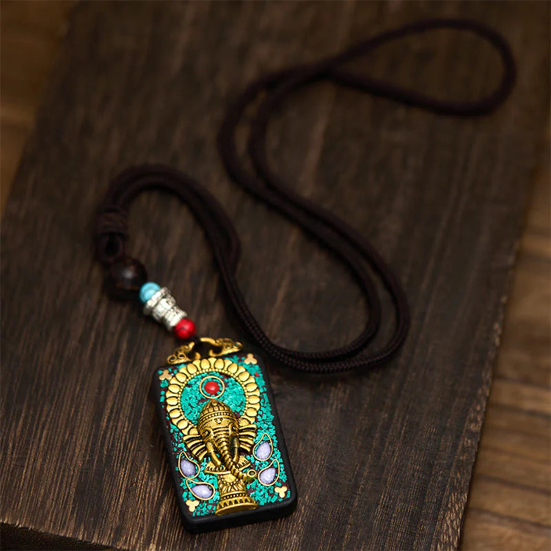 Buddha Stones Tibetan Ganesh Ganpati Elephant Ebony Wood Rope Peace Necklace Pendant