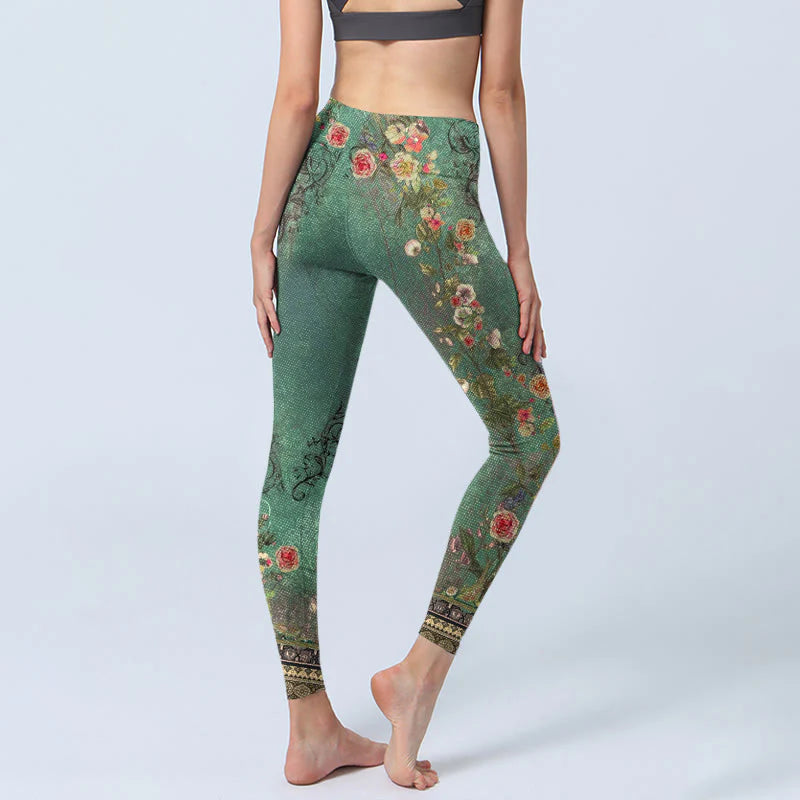 Buddha Stones Vintage Floral Garland Lace Damask Pattern Print Gym Leggings Women's Yoga Pants