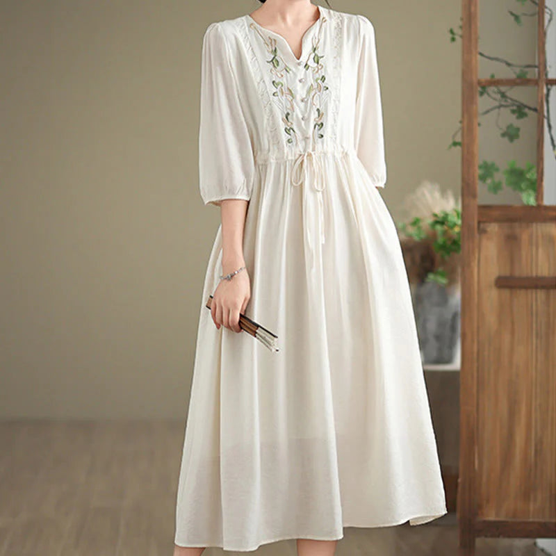 Buddha Stones Spring Floral Embroidery V Neck Tie Waist Elbow-Length Sleeve Women's Dress With Pockets