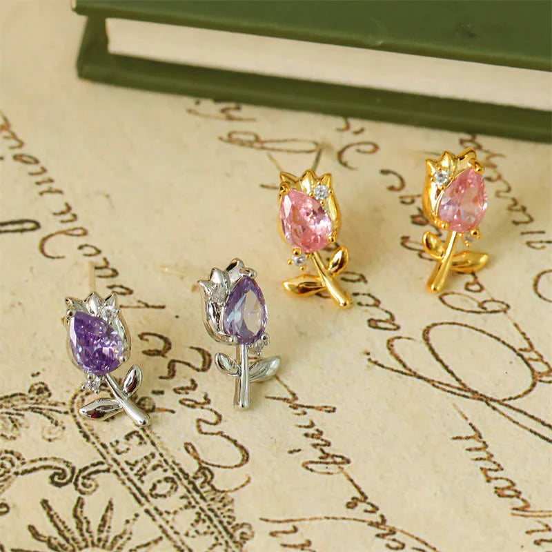 Buddha Stones Pink Purple Tulip Zircon Copper Healing Stud Earrings