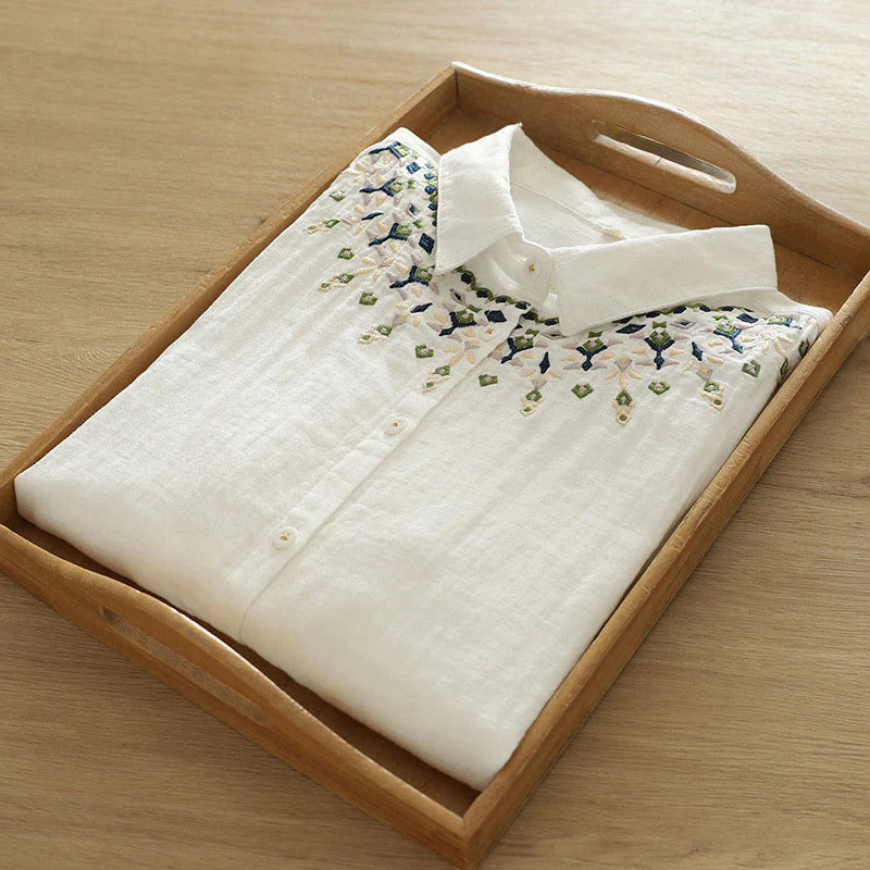 Buddha Stones Fall White Geometric Embroidery Buttons Women's Cotton Long Sleeve Shirt