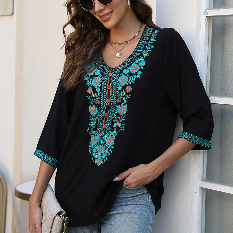 Buddha Stones Summer Casual Embroidery Flower Leaf Half Sleeve V-neck Cotton Women's T-Shirt