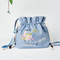 Buddha Stones Embroidered Light Blue Fairy Deer Auspicious Clouds Cotton Linen Crossbody Bag Shoulder Bag