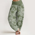 Buddha Stones Cotton Casual White Mandala Flower Design Women's Elastic Waist Harem Pants
