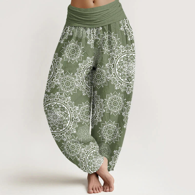 Buddha Stones Cotton Casual White Mandala Flower Design Women's Elastic Waist Harem Pants