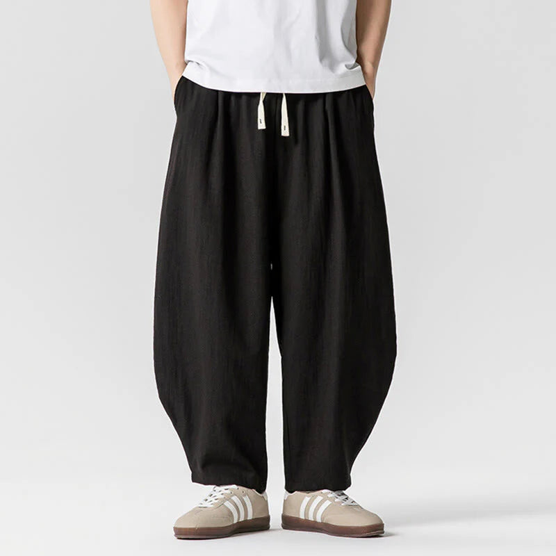 Buddha Stones Summer Pure Color Drawstring Men's Cotton Ankle-Length Pants With Pockets