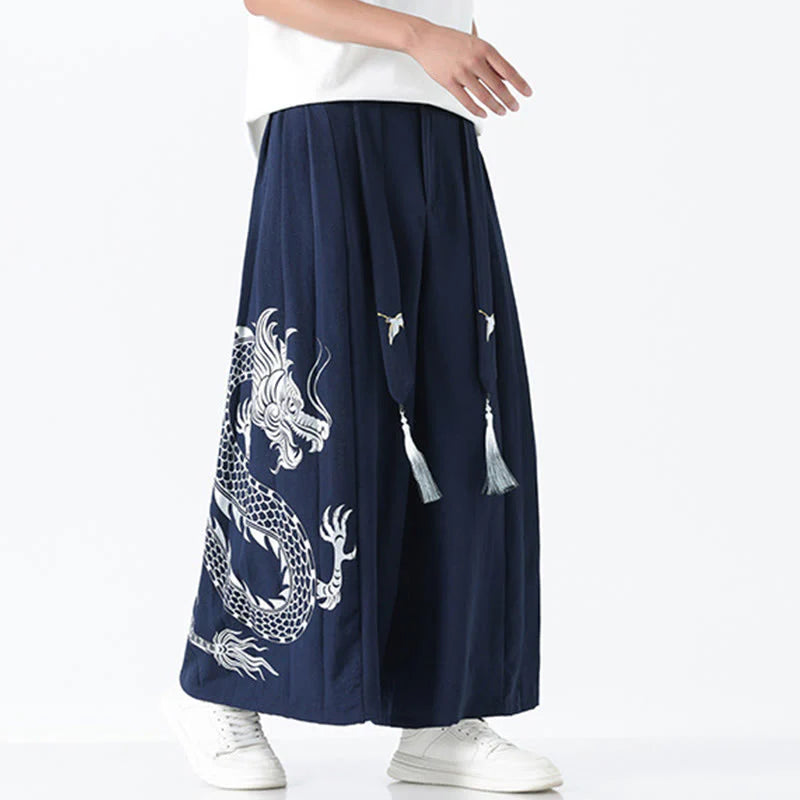 Buddha Stones Summer Dragon Drawstring Design Cotton Ankle-Length Men's Wide Leg Pants With Pockets