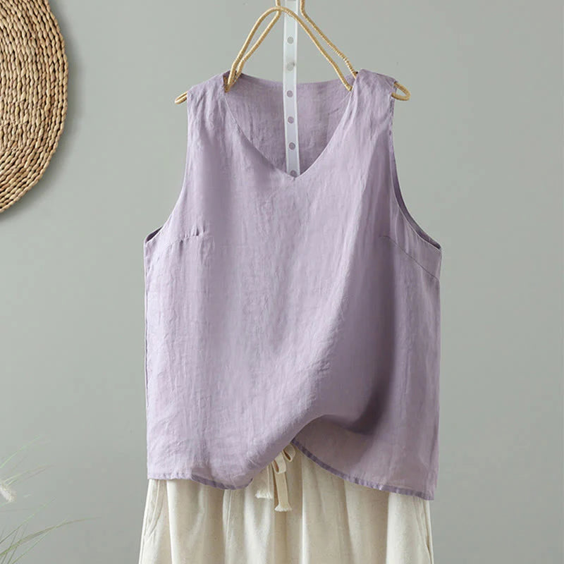Buddha Stones Vintage Pure Color V-Neck Cotton Sleeveless Women's Vest Waistcoat