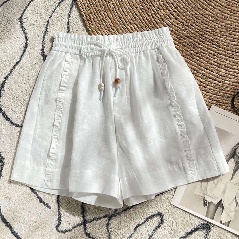 Buddha Stones Summer Drawstring Ruffle Elastic Waist Women's Shorts With Pockets