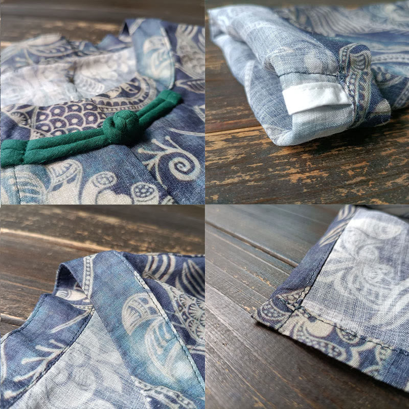 Buddha Stones Birds Flowers Geometry Frog-Button Long Sleeve Ramie Linen Jacket Shirt