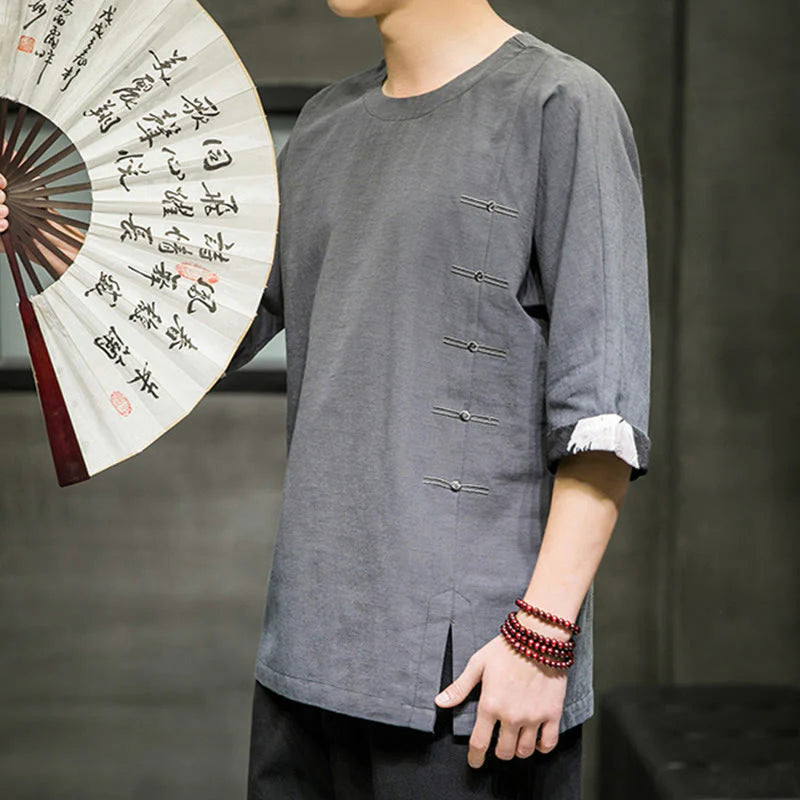Buddha Stones Summer Retro Solid Color Patchwork Design Men's Three Quarter Sleeve Cotton Linen T-Shirt