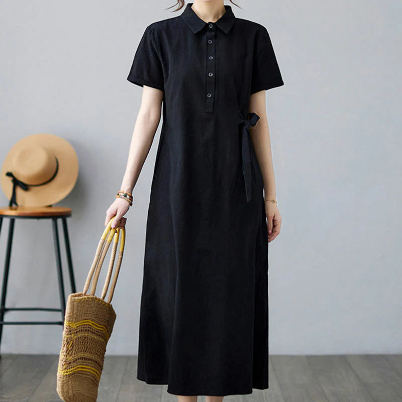 Buddha Stones Casual Plain Side Lace-Up Lapel Short Sleeve Cotton Linen Midi Dress With Pockets